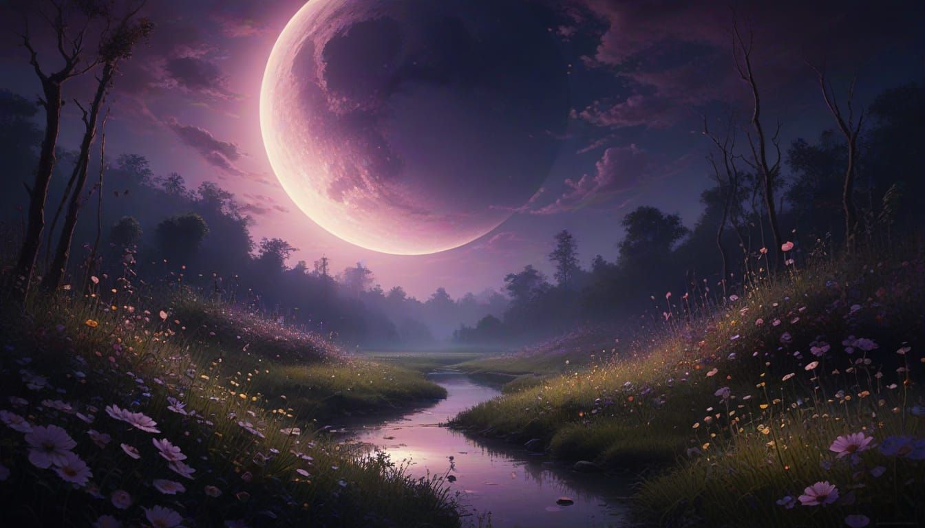 Mystical Moonlit Landscape with Delicate Florals