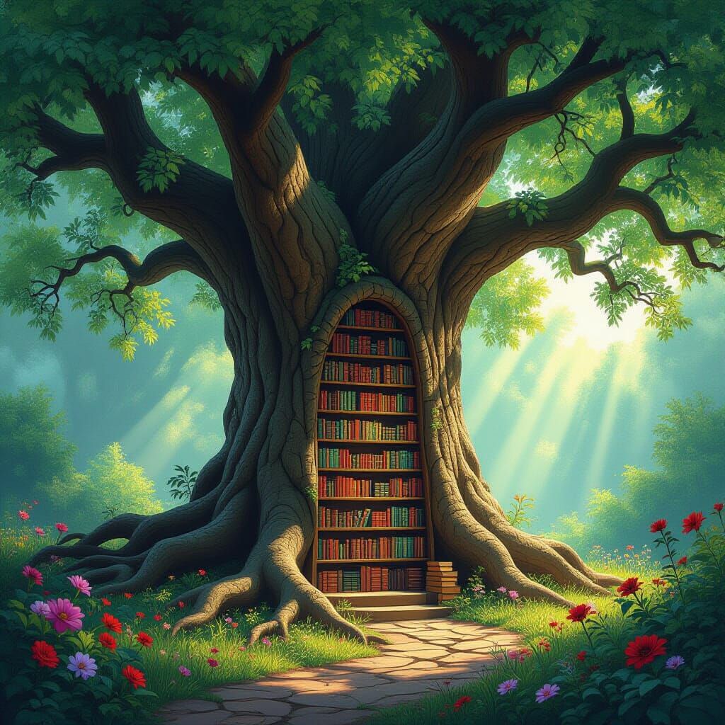 Tree Library in Hidden Grove: Digital Painting