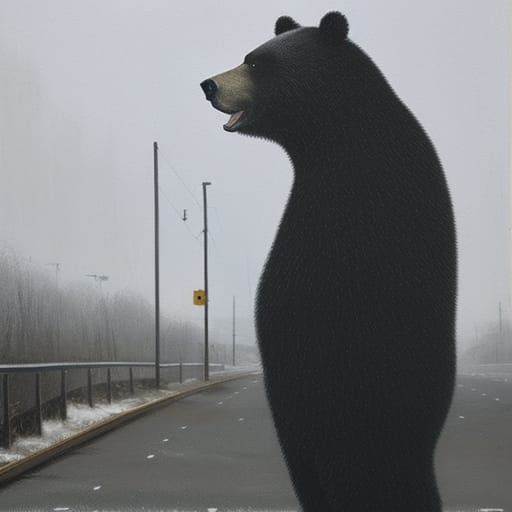 Obese Bear Gazing at Billboard in Post-Apocalyptic Horror Sk...