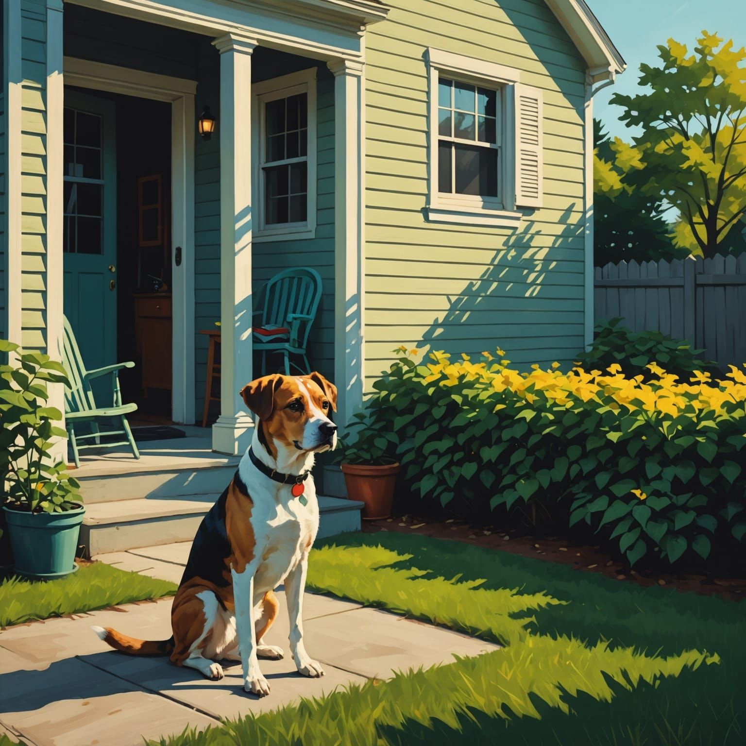 Dog in Edward Hopper Backyard Scene