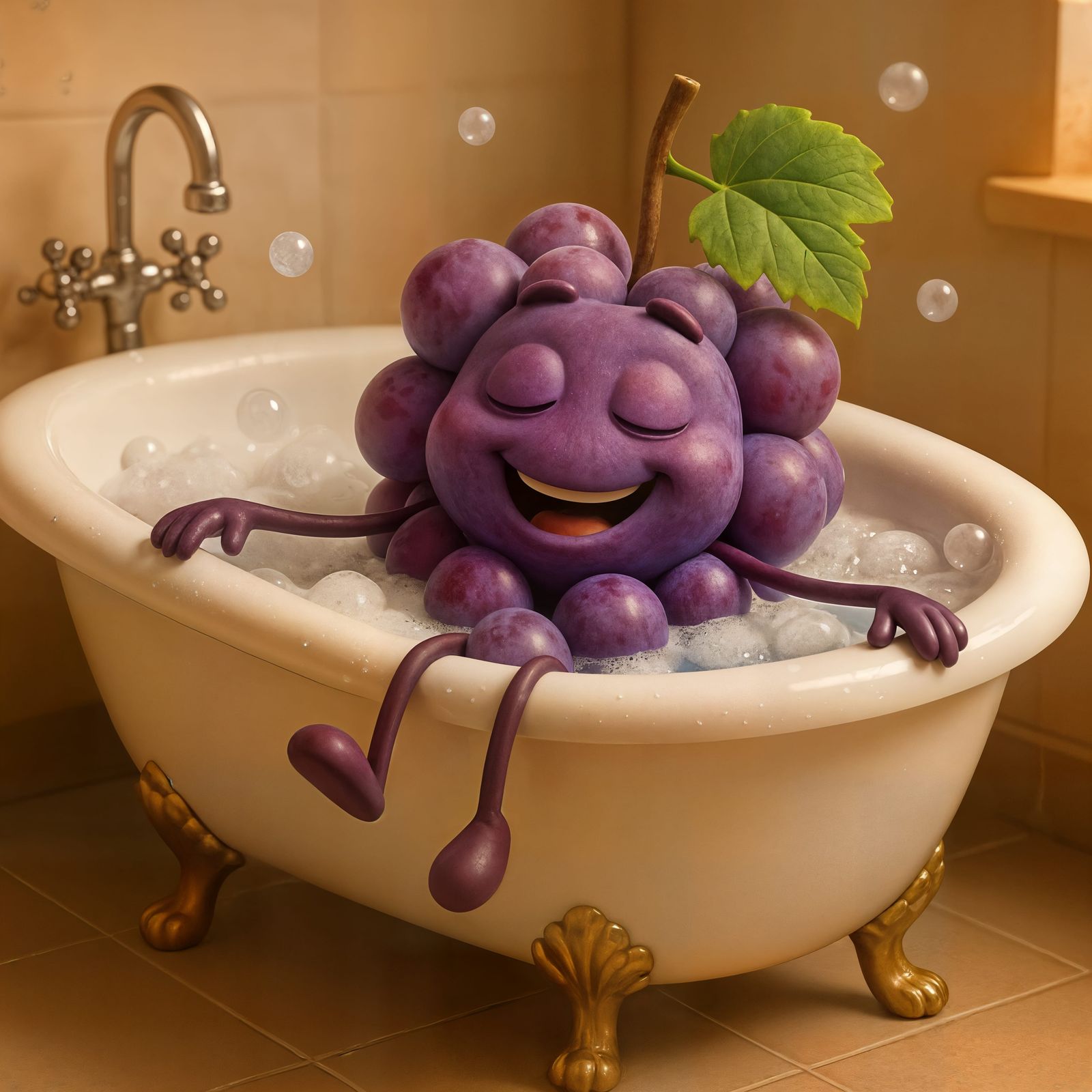 Happy Cartoon Grapes Relaxing in Bathtub