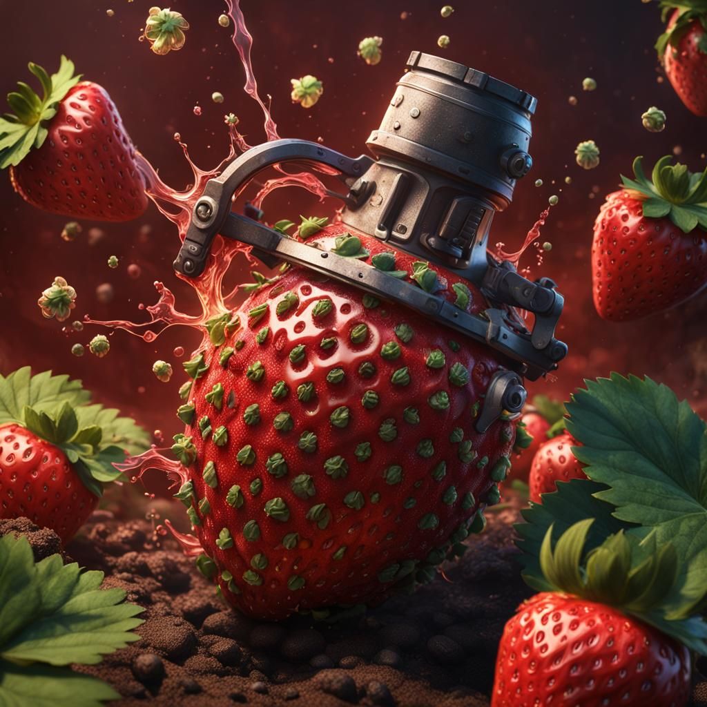 Strawberry Hand Grenade Exploding: Detailed Matte Painting