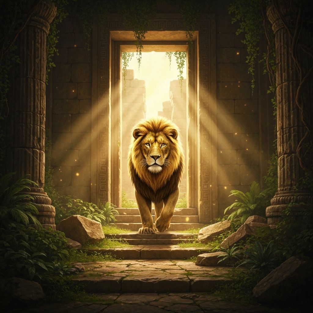 Golden Lion Emerges from Ruined Temple