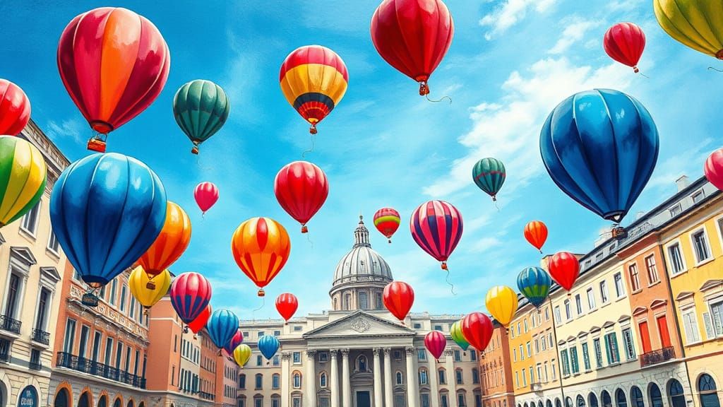 Balloons Soar Above Saint Peter's Square: Gouache Style