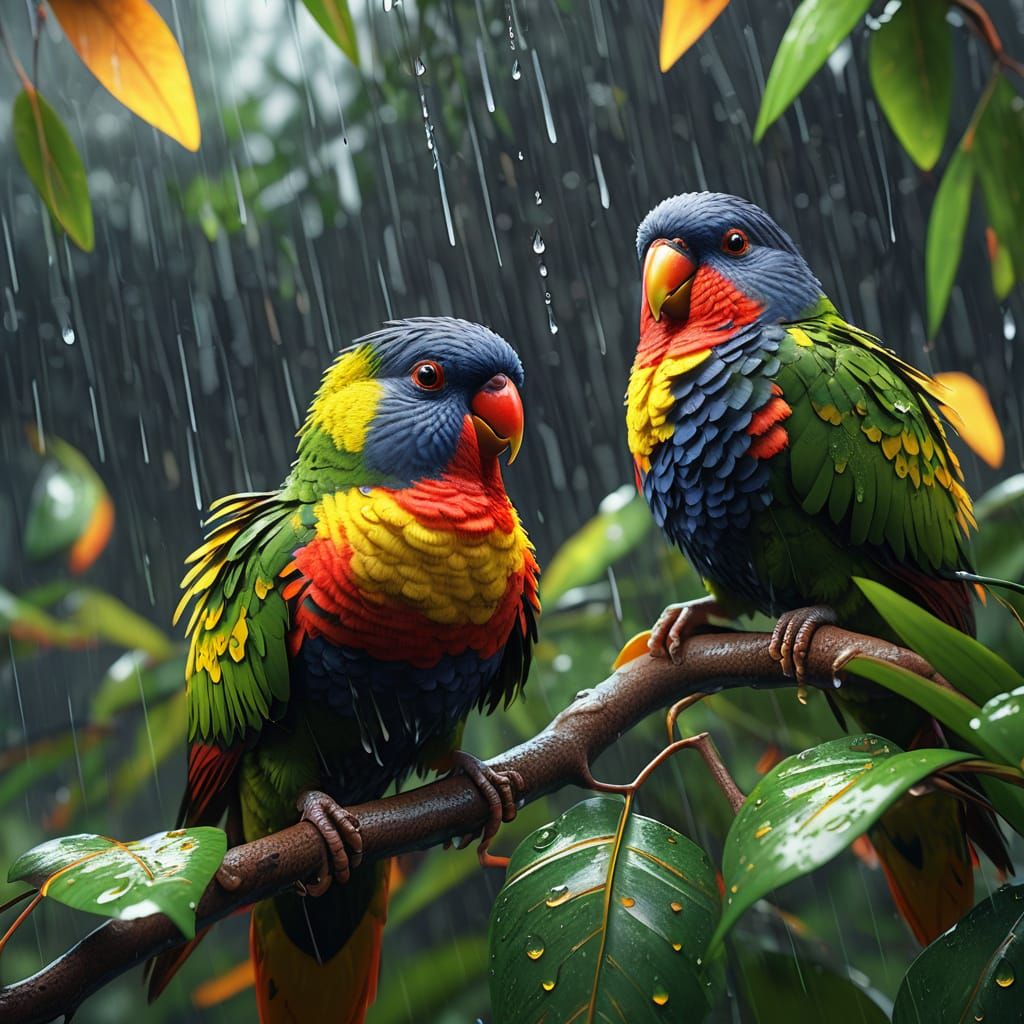 Lorikeets Sheltering from Rain: 3D Digital Art