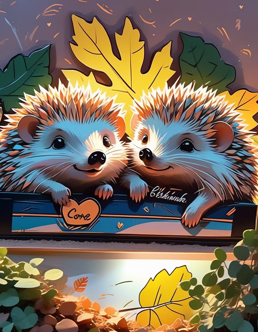 Hedgehogs in Leaf Bed: Pastel Cartoon Illustration