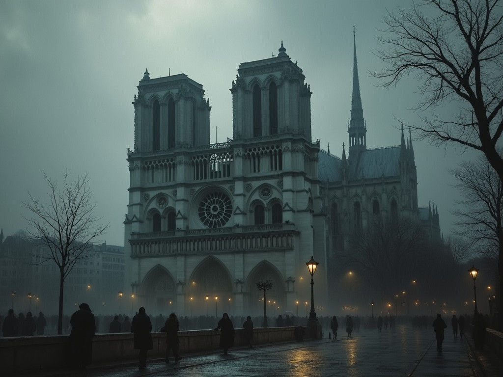 Notre Dame Cathedral in Rainy Gothic Horror Style