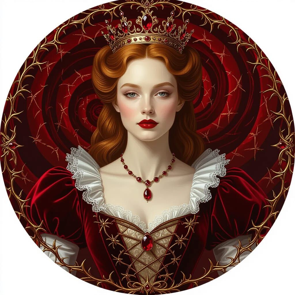 Beatific Red Queen Portrait in Opulent Baroque Style