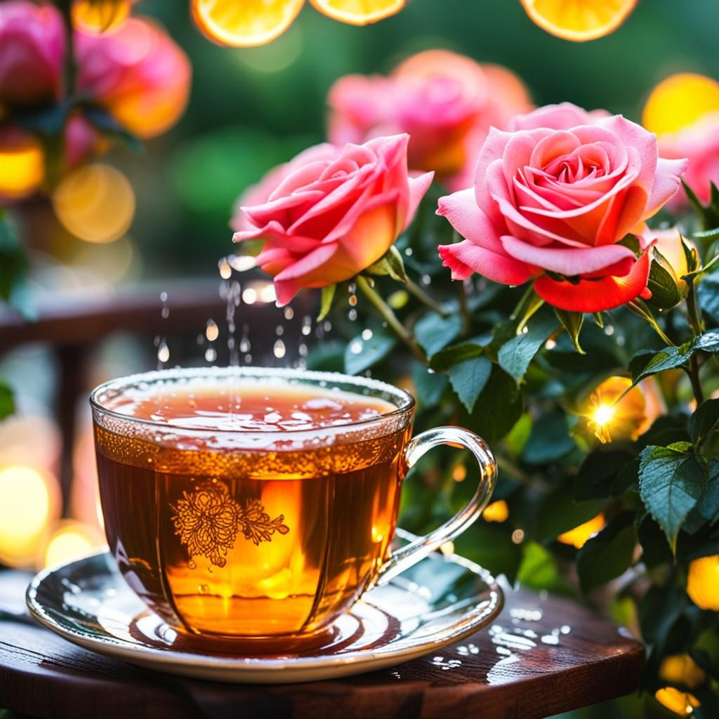 🌌✨ sunshine penetrated blossoming roses rain hot tea in a beautiful cup 🍶