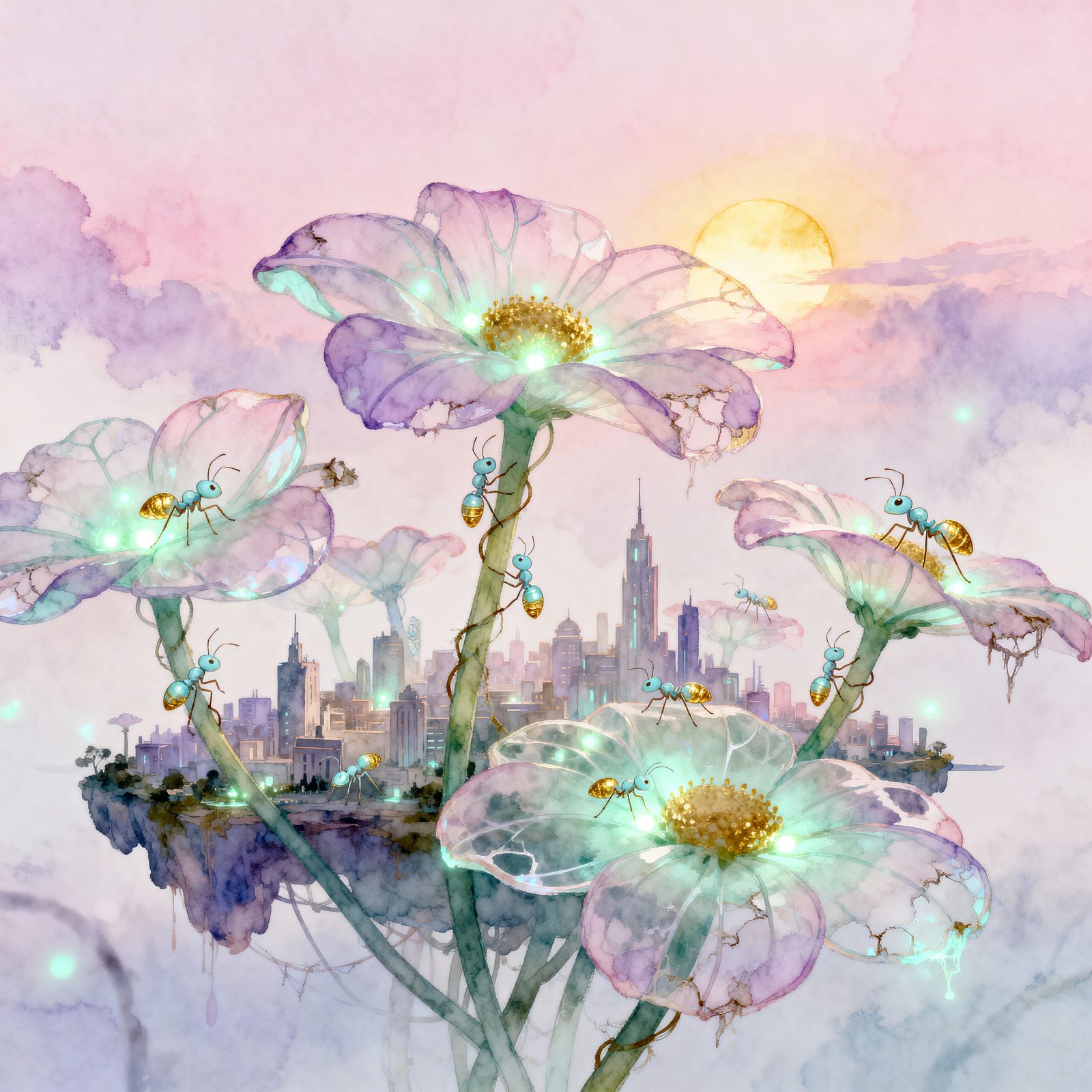 Floral City in Pastel Sky with Bioluminescent Ants