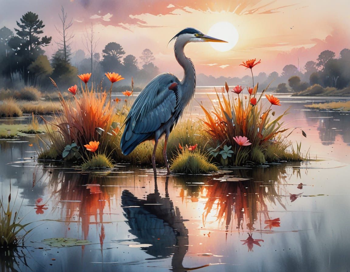 Serene Wetland Heron at Sunset in Watercolour Style