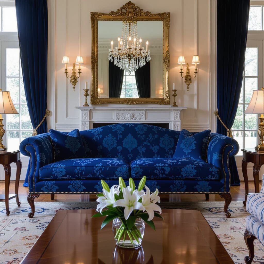 Elegant Townhouse Living Room with Sapphire Camelback Sofa