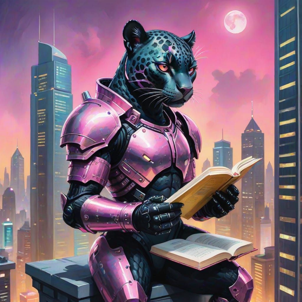 Cyberpunk Jaguar Reading in Neon Cityscape