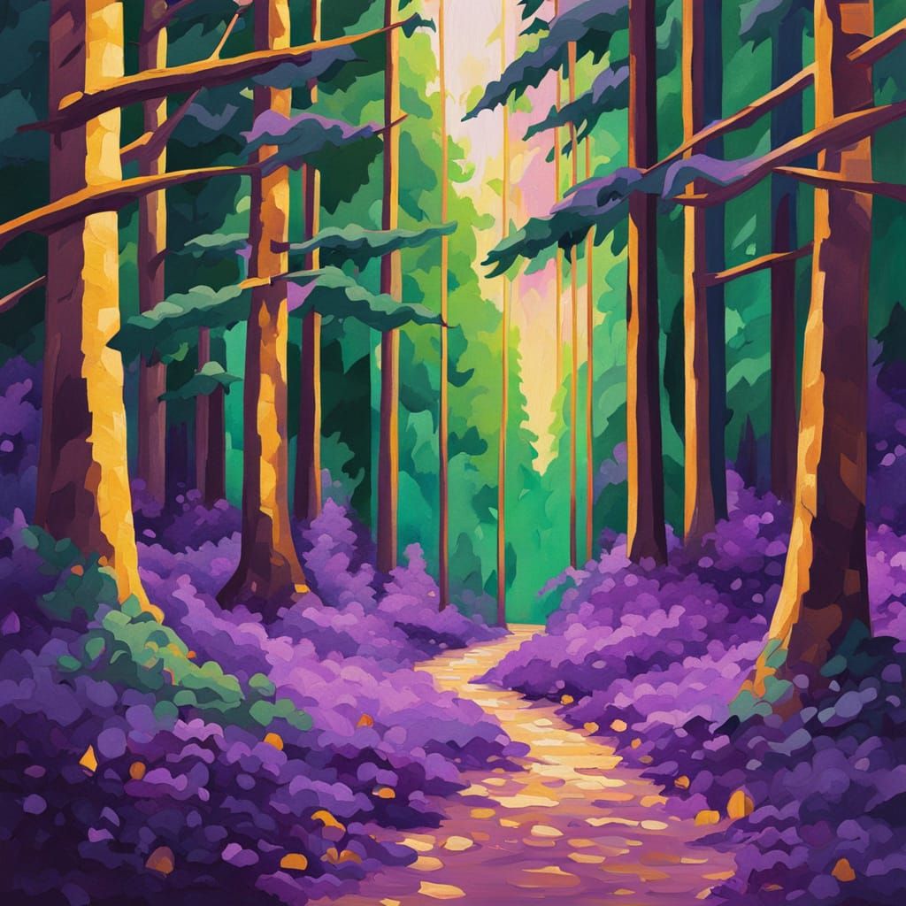 Evergreen Forest with Amethyst Ground in Gouache Style
