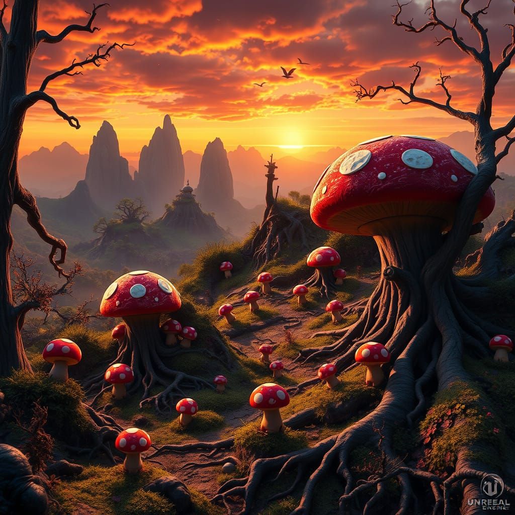 Fantasy Landscape of Mushroom Kingdom in Golden Hour