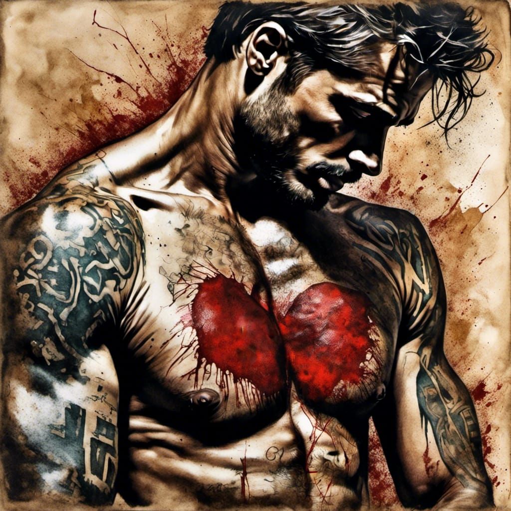 Wounded Heart Portrait with Ink Wash Effects