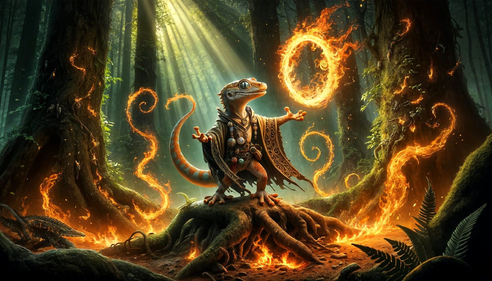 Lizard Warlock Controls Fire in Enchanted Forest