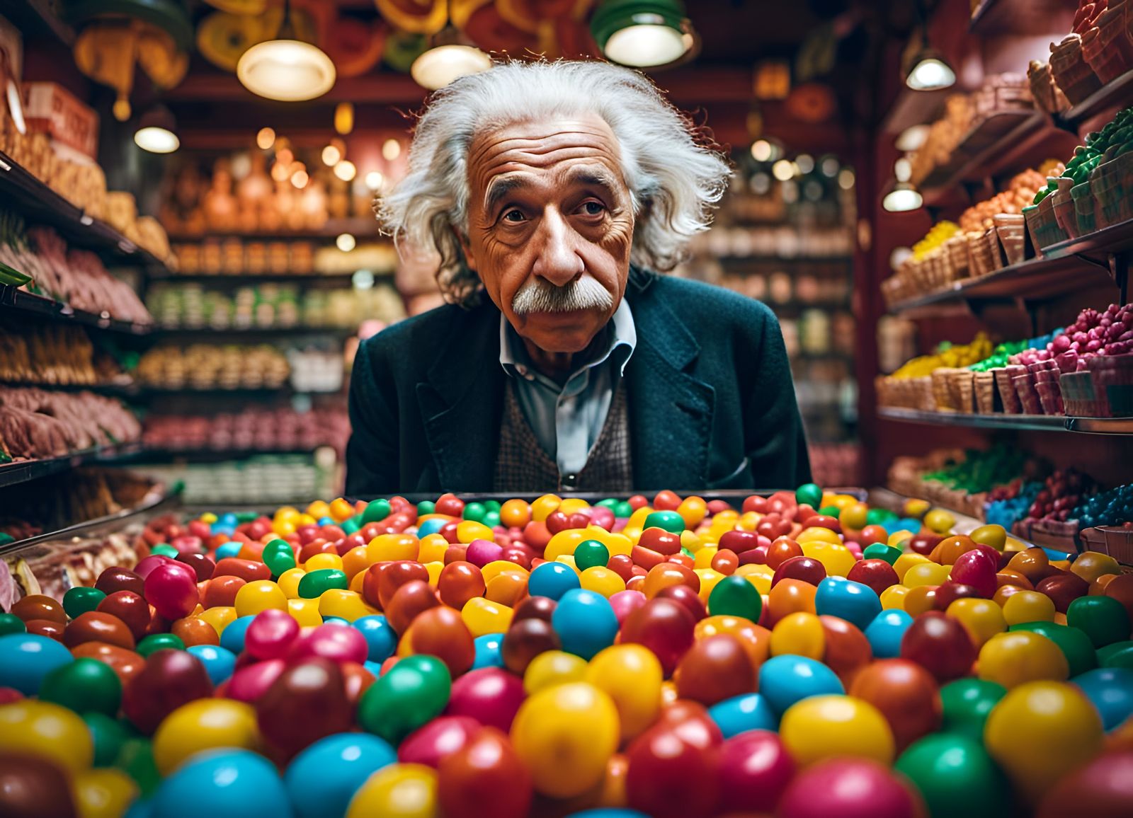 Albert Einstein in a large colorful candy shop