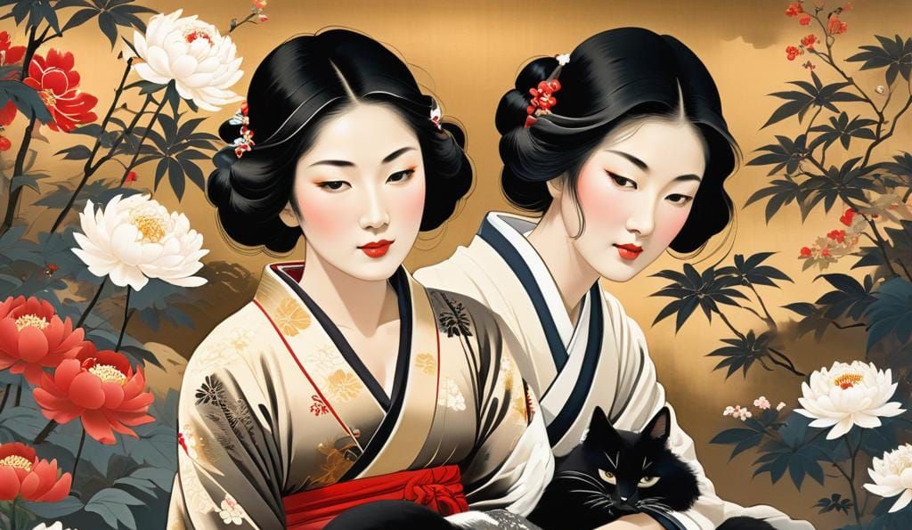 Reclining Woman with Cat in Ukiyo-e Garden