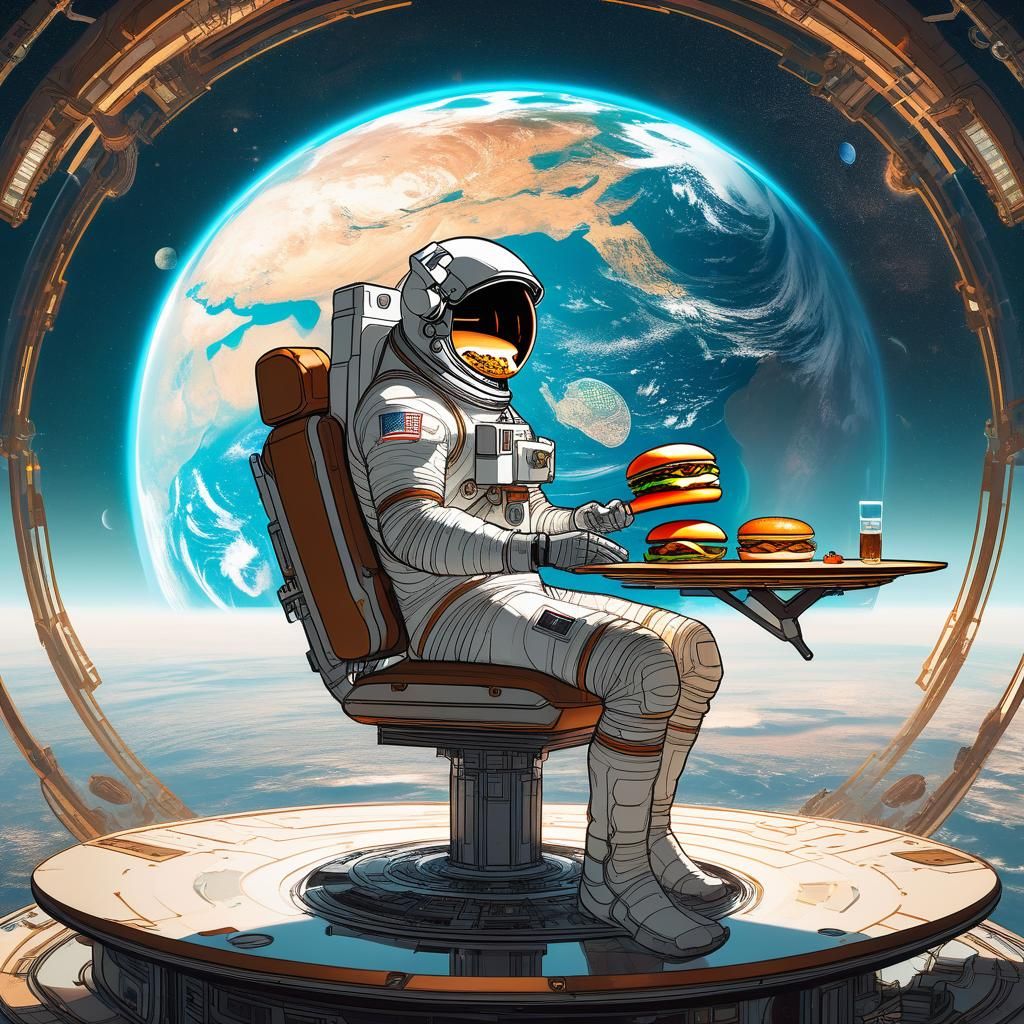 Astronaut's Burger in Space: Futuristic Dystopian Art