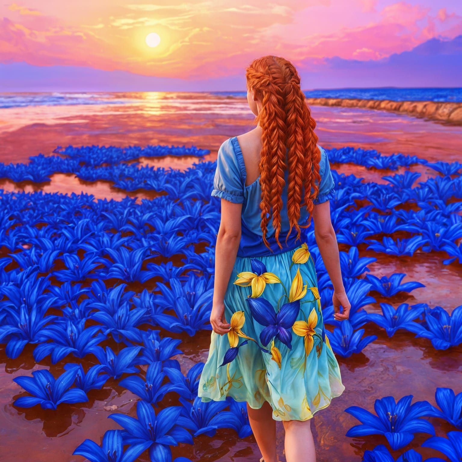 Woman with Red Hair and Glowing Lilies