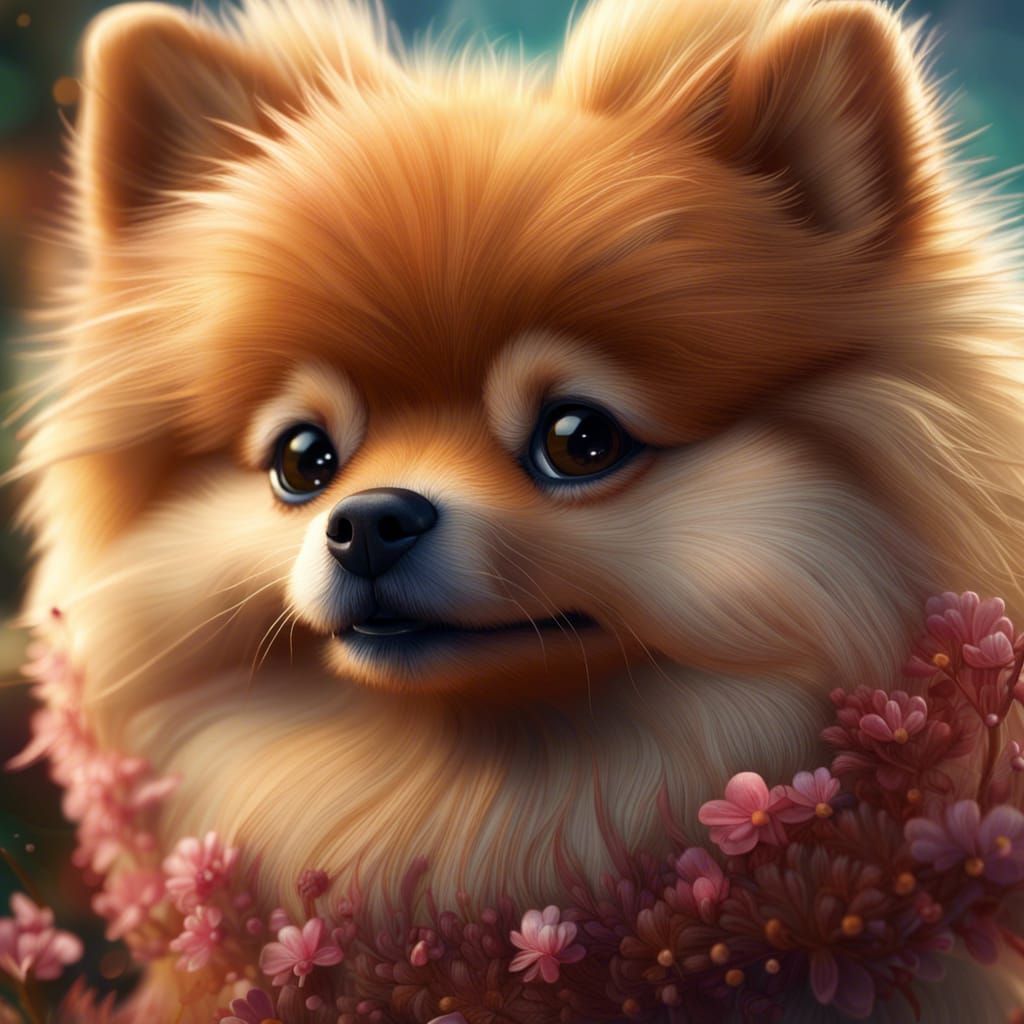 Magical Pomeranian in Detailed Fantasy Landscape