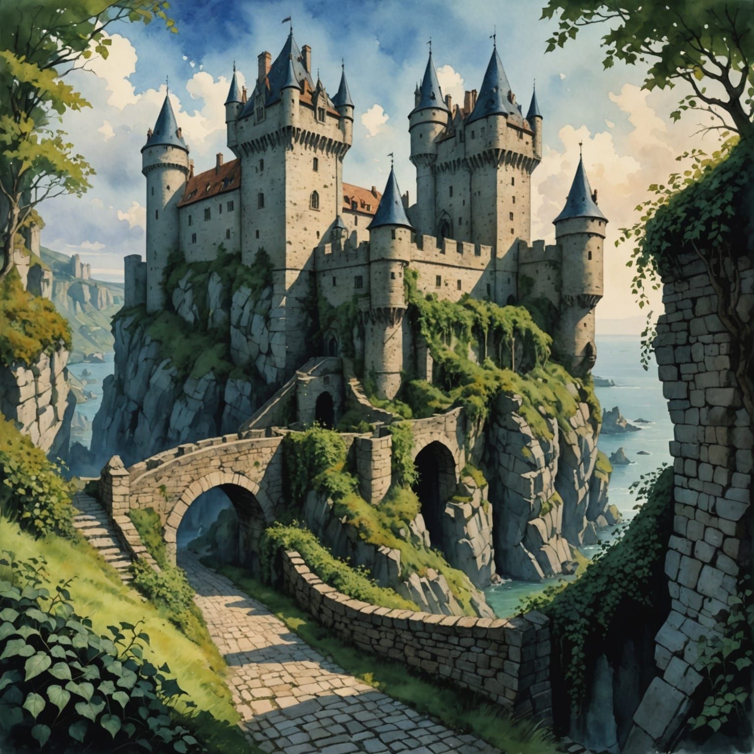 Medieval Castle on Island Cliffs in Watercolor Horror Style