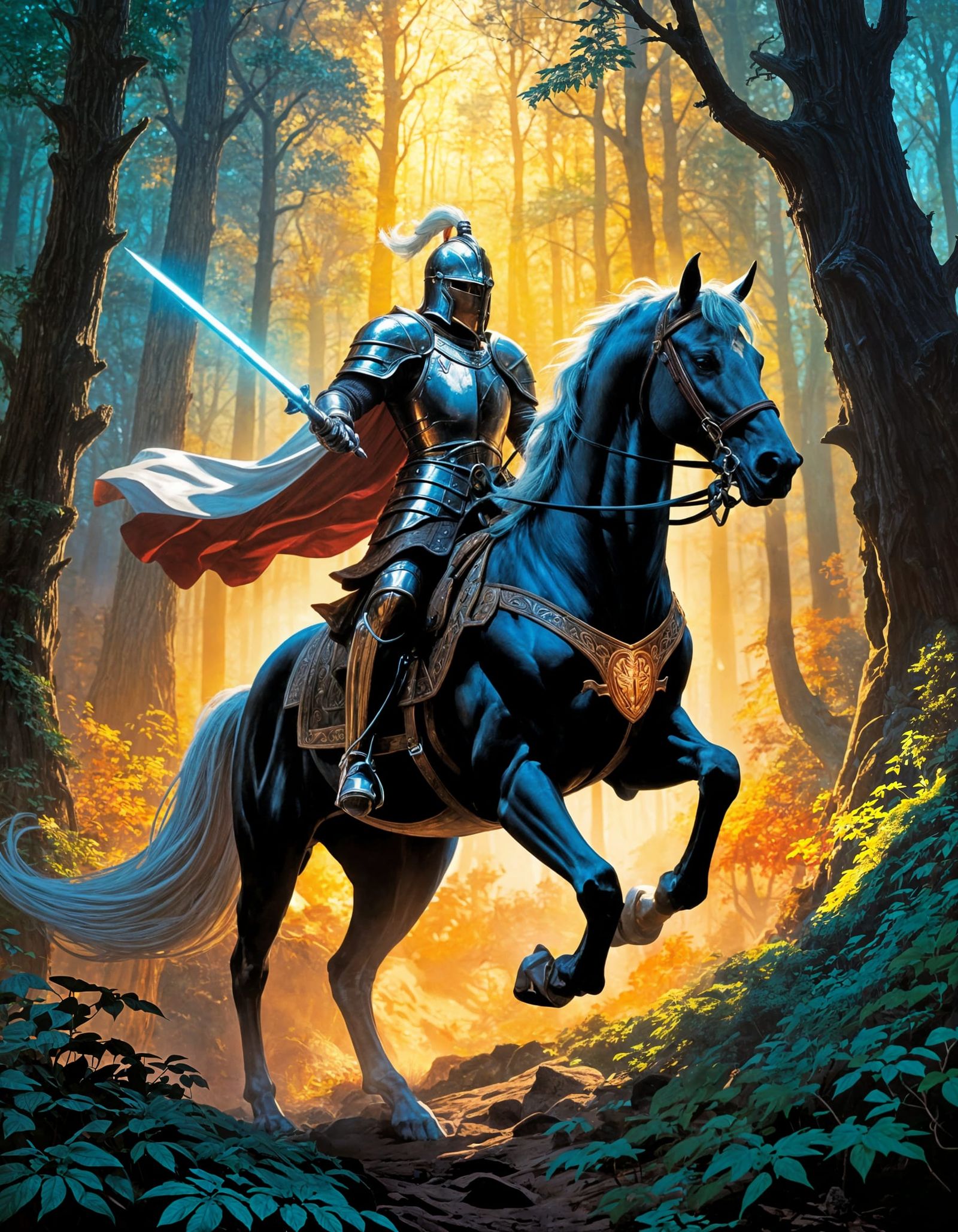 Majestic Knight Charges Through Enchanted Forest