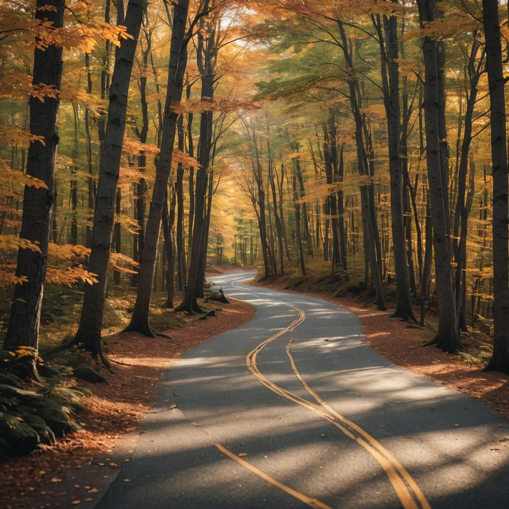 Winding Road Through Autumnal Woods: Landscape Photography