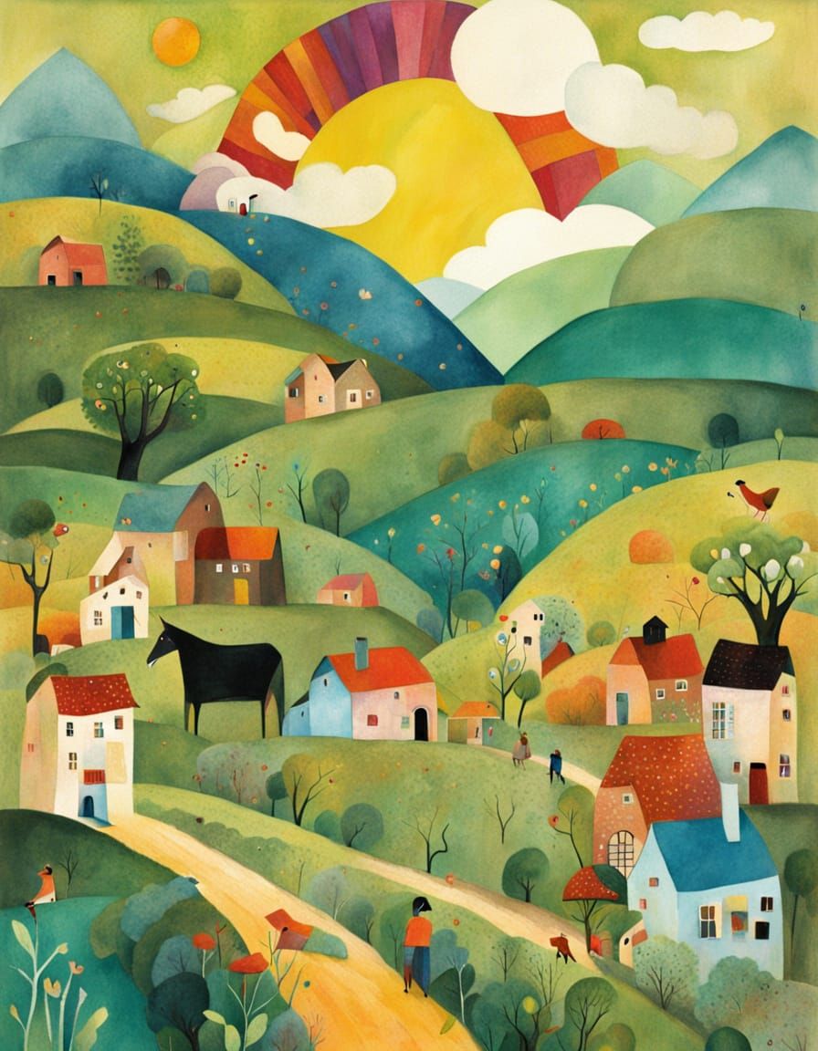 Vibrant Collage Village with Lush Green Hills