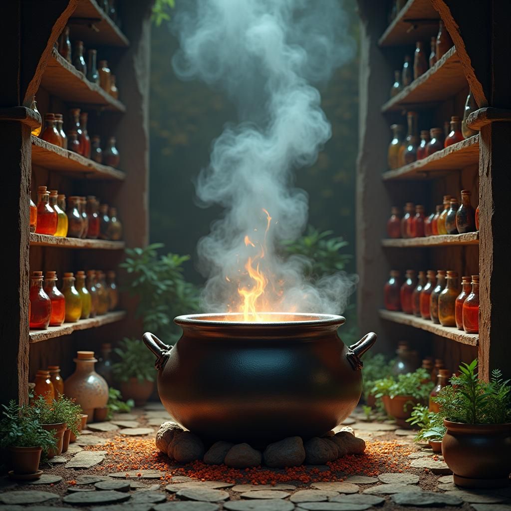 Bubbling Cauldron Surrounded by Colorful Potions