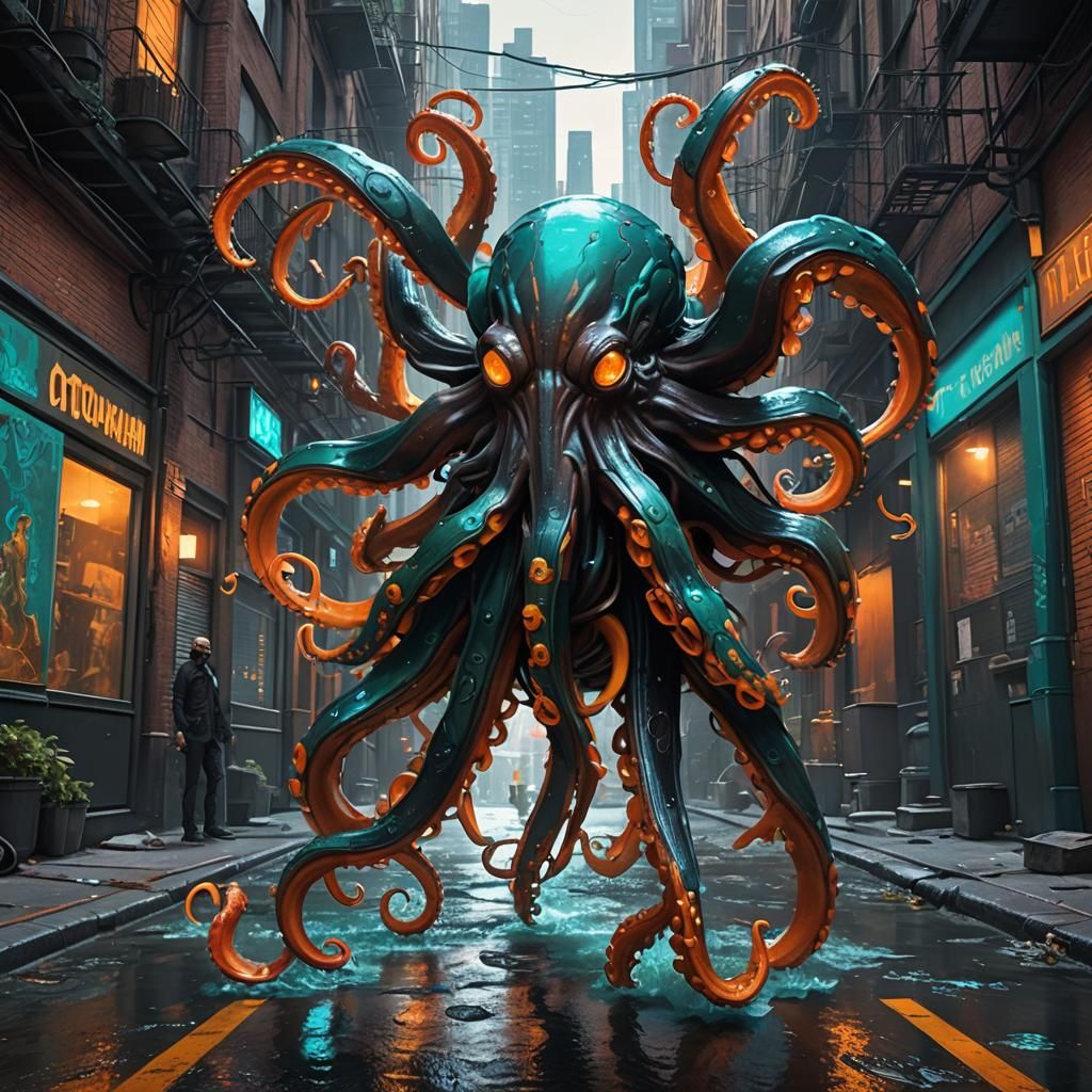 Octopusman in Noir Alley, Hyperdetailed Concept Art