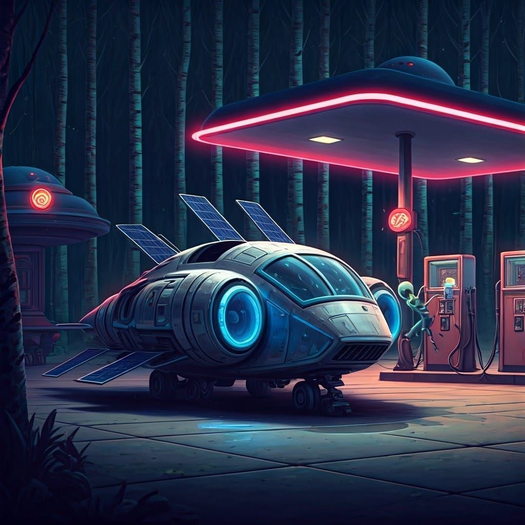 Sleek Spaceship at Alien Gas Station in Retro-Futuristic Sty...