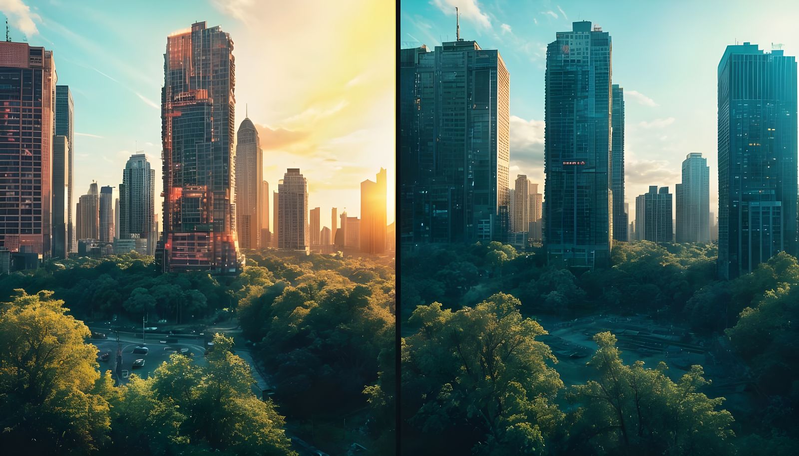 Cyberpunk City Meets Ruined Forest, Cinematic Split