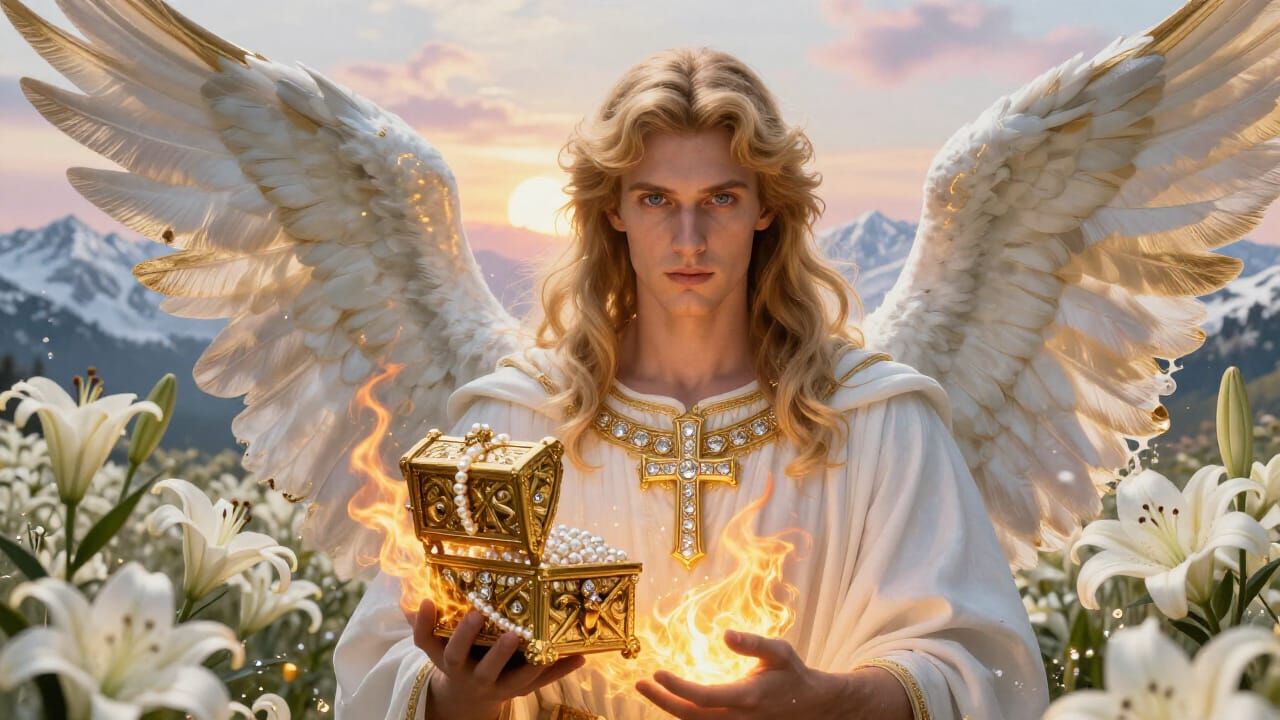 Archangel Gabriel Portrait with Golden Fire and Lilies