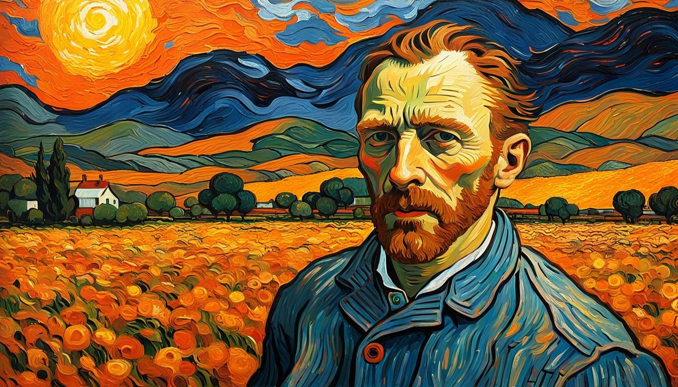Van Gogh in Orange Sunset Field: Impasto Oil Painting