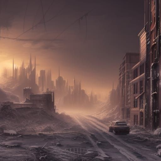 Snowy Post-Apocalyptic Urban Landscape in Matte Painting Sty...