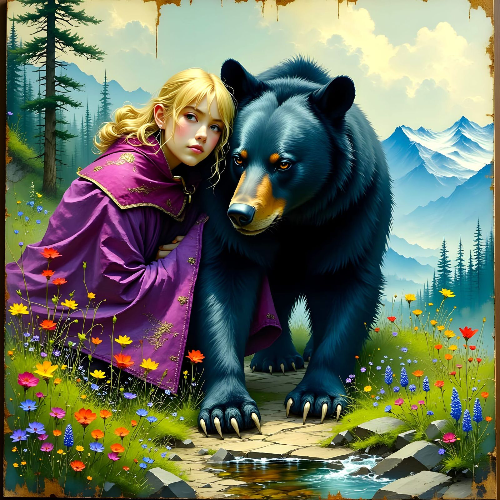 Blond Woman in Turquoise Cloak, Beside a Majestic Black Bear...