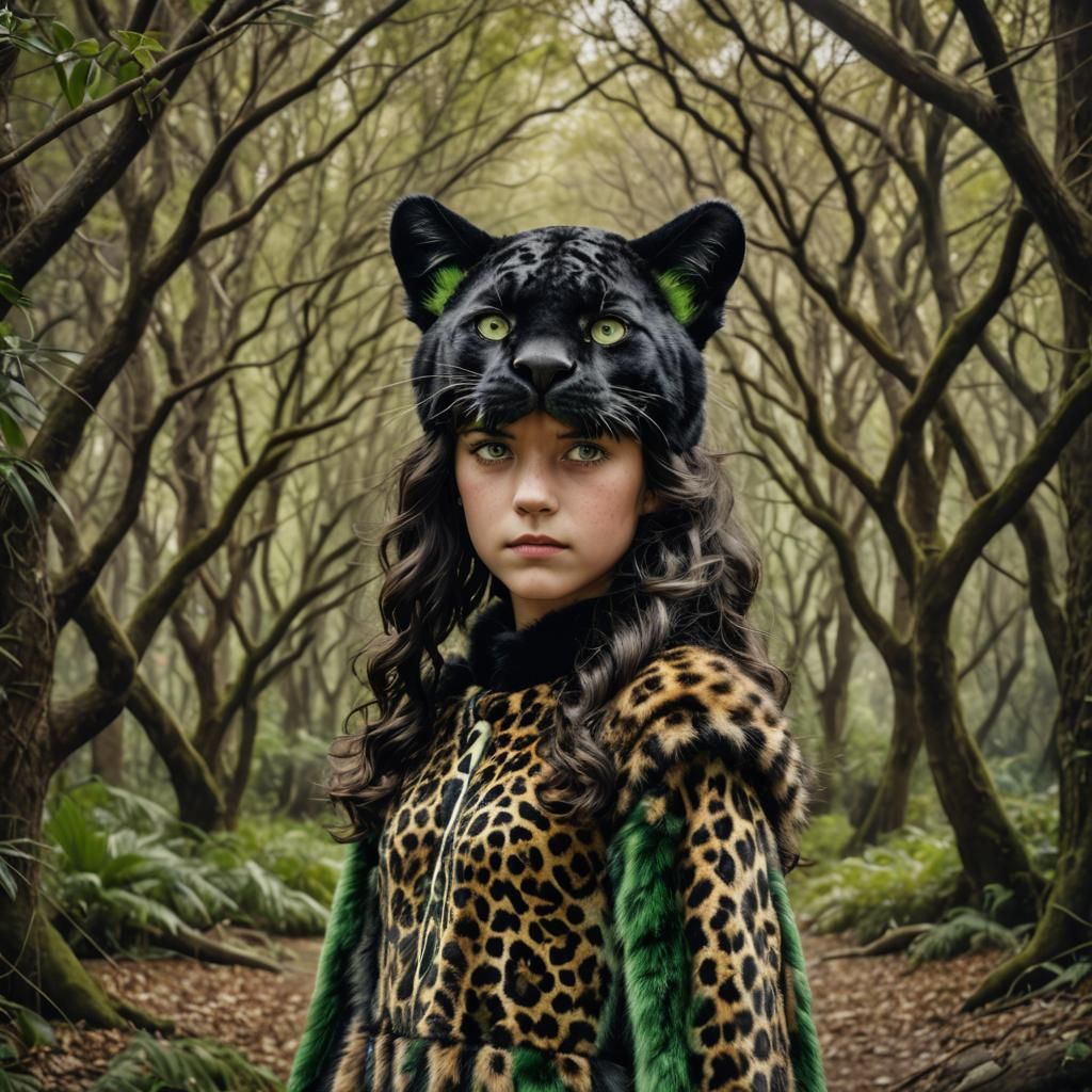 Girl with Panther Ears in Hyperrealistic Style