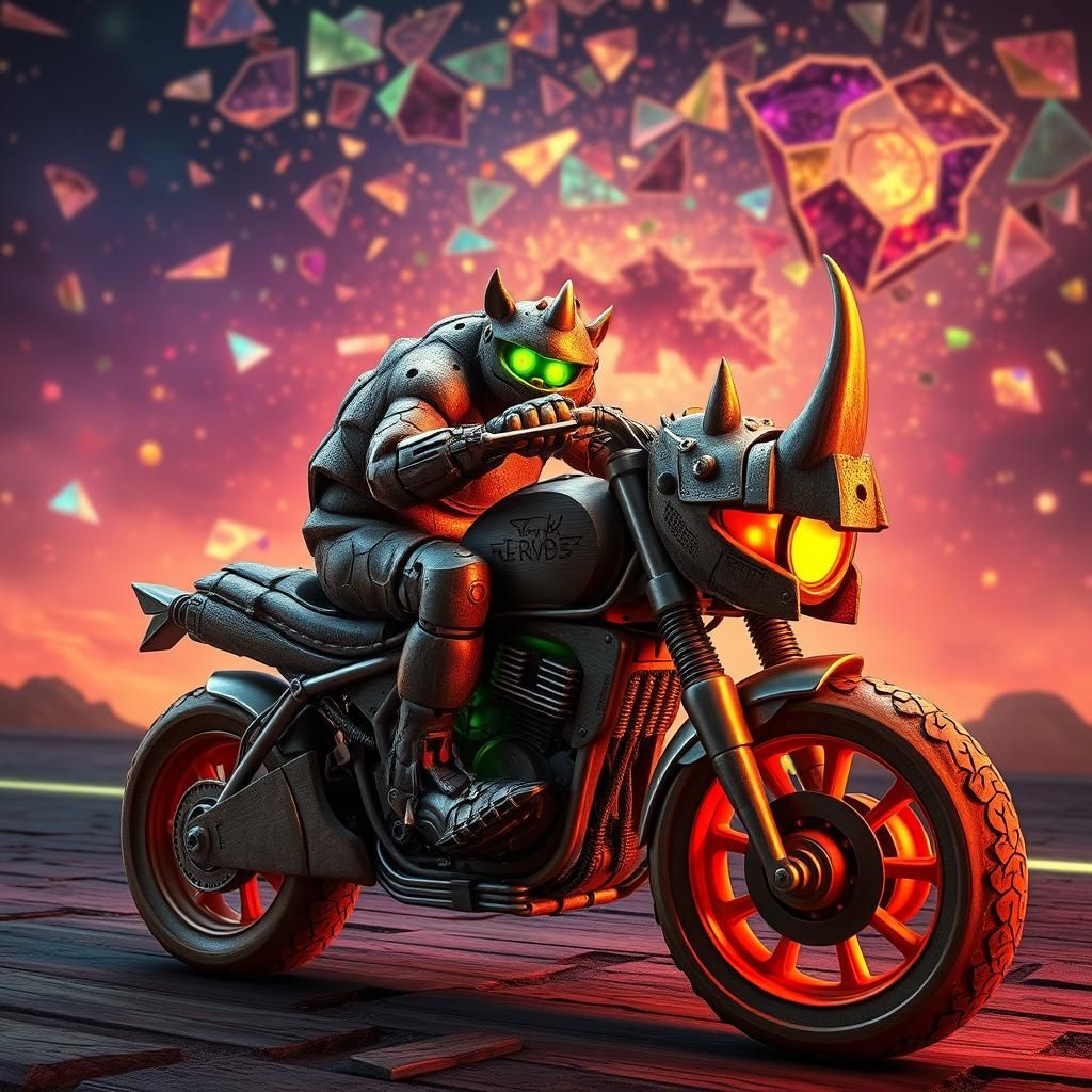 Whimsical Wooden Motorcycle Driven by Robotic Rhino