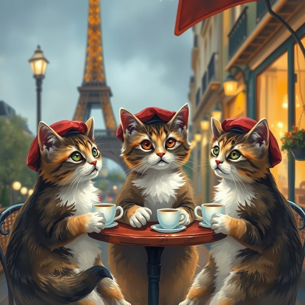 Charming Parisian Cats Enjoy Coffee Under Warm Streetlights