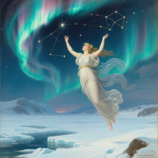 Celestial Muse Summoning Aurora Borealis Over Arctic