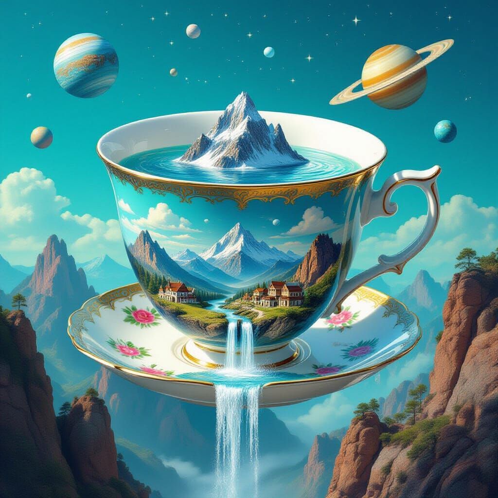 Colossal Teacup Planet with Mountain Village