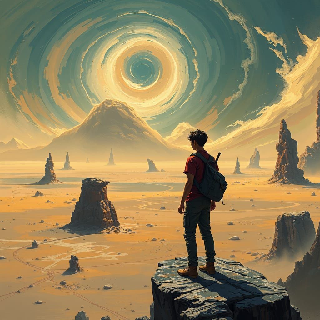 Man Overlooking Alien Desert in Splash Art Style