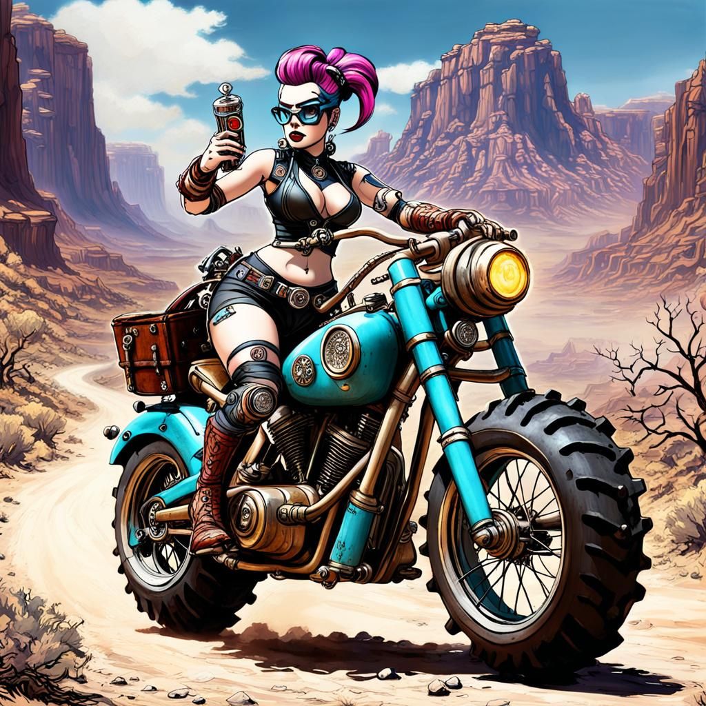 Whimsical Doll Rides Steampunk Bike in Tron Lightning Storm