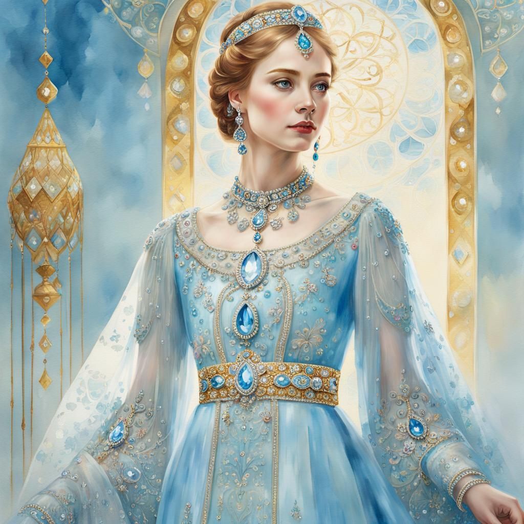 Russian Princess Portrait in Klimt-Inspired Watercolor Style