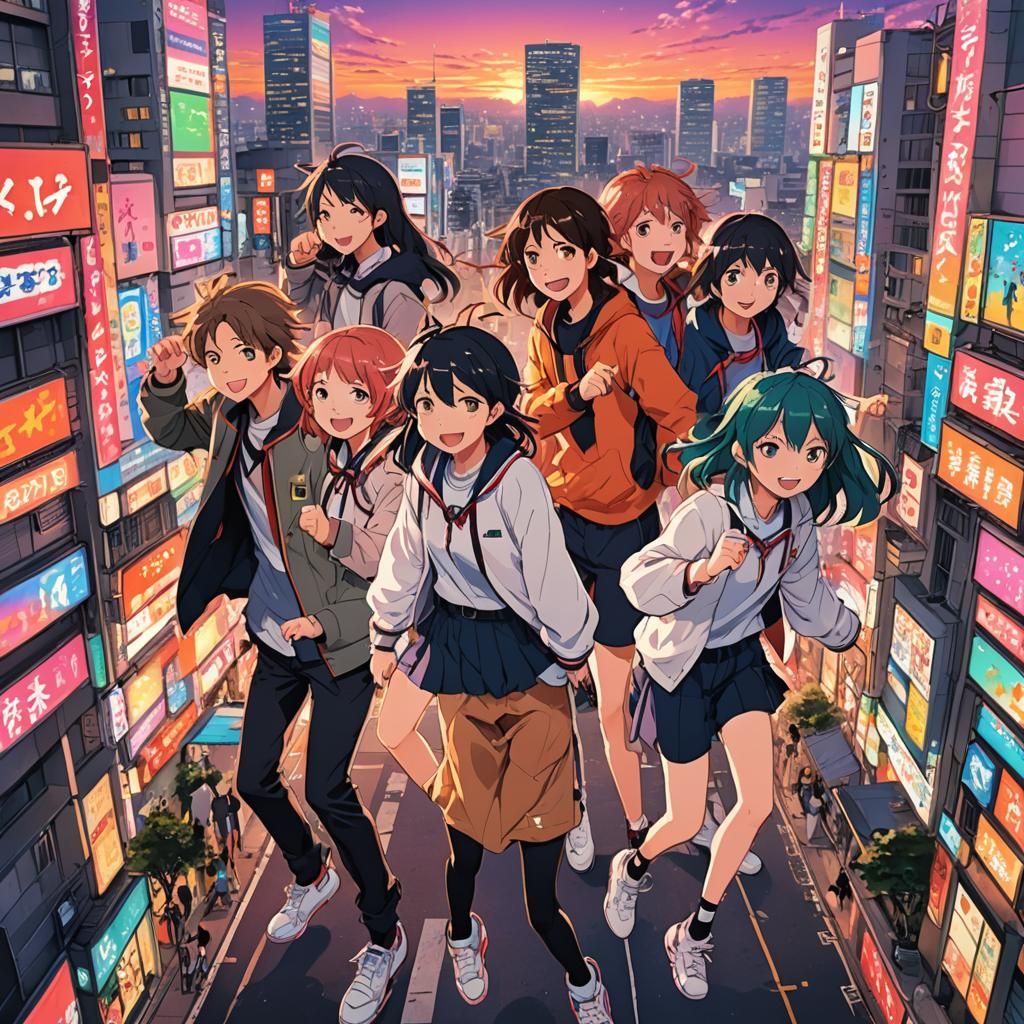 Anime Friends in Tokyo at Sunset in Pixiv Art Style