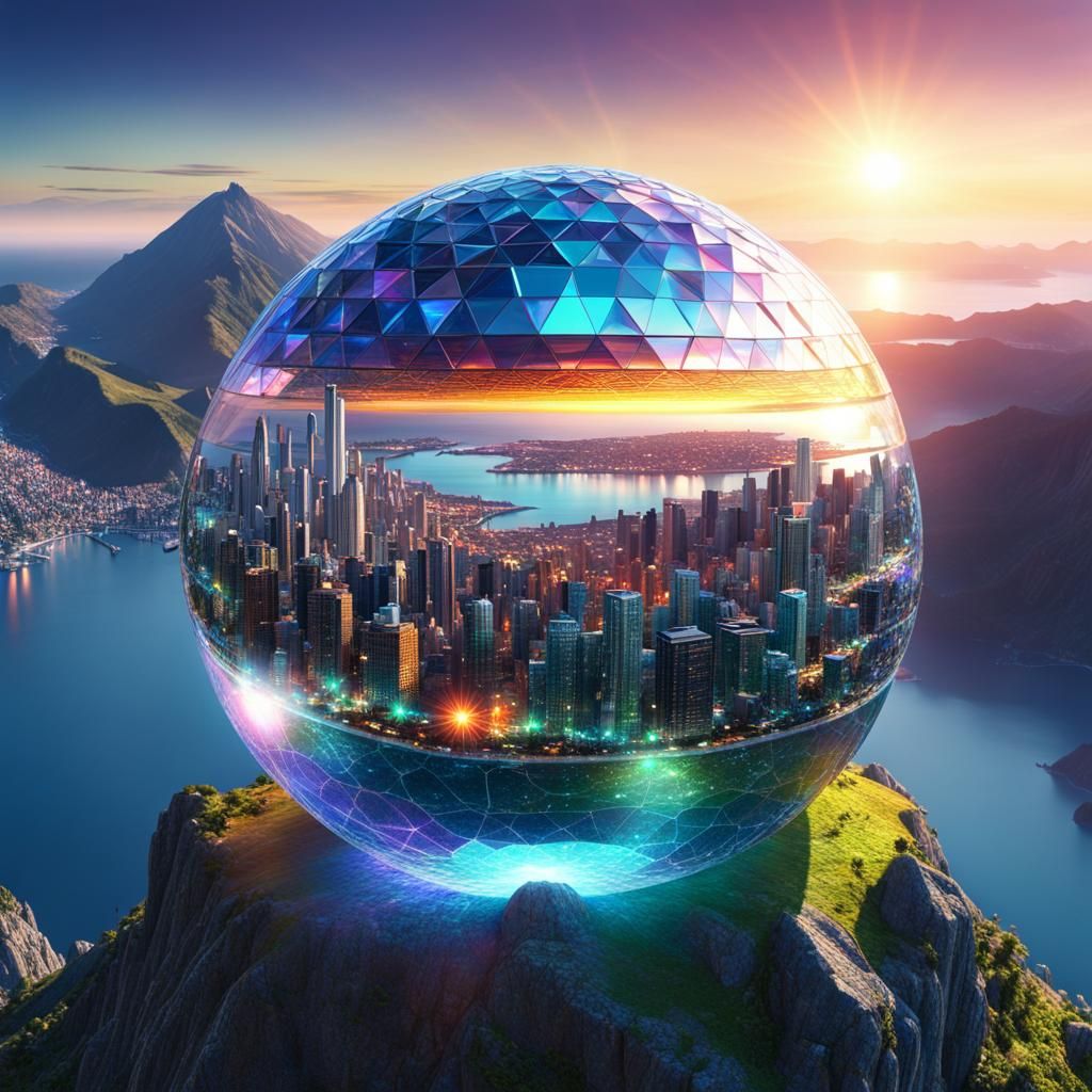 Iridescent Glass Geodesic Cityscape at Sunrise