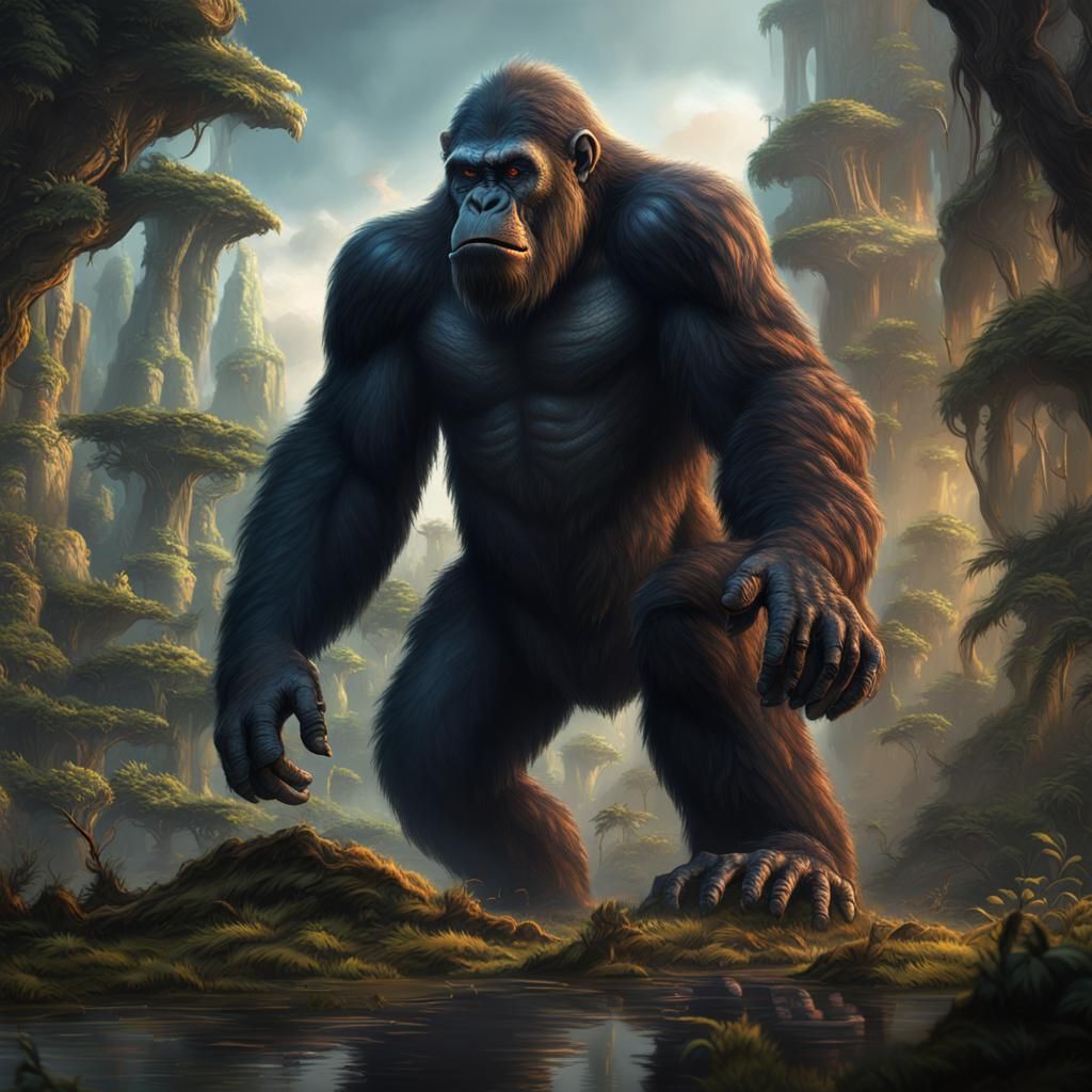 Gigantic Prehistoric Ape in Detailed Matte Painting