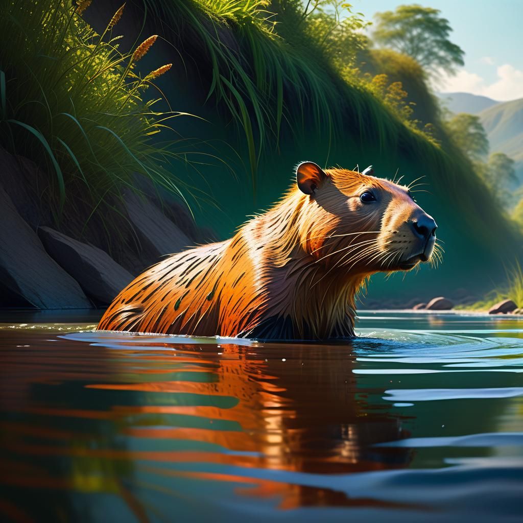 Capybara and Jaguar in Contemporary Wildlife Concept Art